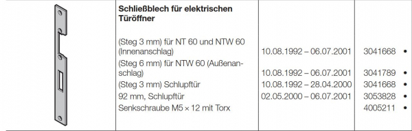 Hörmann Schließblech für elektrischen Türöffner Steg 6 mm für NT 60 und NTW 60 Aussenanschlag, 3041789