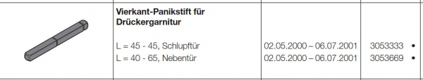 Hörmann Vierkant-Panikstift für Drückergarnitur L=45–45 für  Schlupftür Bautiefe 42 mit Panikfunktion B mit  ​Panikfunktion B selbstverriegelnd mit Panikfunktion D, 3053333