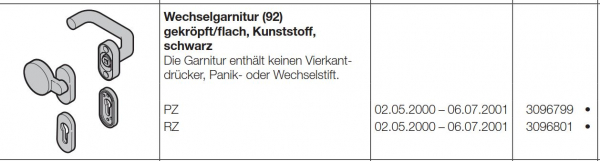 Hörmann Wechselgarnitur 92 gekröpft-flach Kunststoff schwarz Rundzylinder Baureihe 30, 40, 50, 60, 3096801