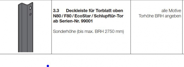 Hörmann Deckleiste für Torblatt oben N80 / F80 / EcoStar / Schlupftürtor, Torhöhe 2000 mm, 1082226