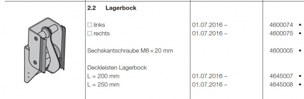 Hörmann Deckleisten Lagerbock L = 200 mm Doppelgaragen-Schwingtor N 500, 4645007