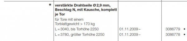 Hörmann verstärkte Drahtseile Ø 2,9 mm,  Beschlag N mit Kausche komplett  je Tor, 3086779