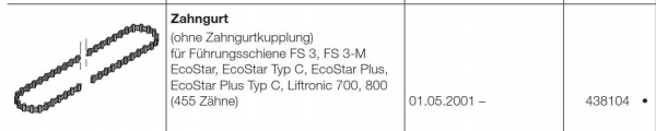 Hörmann Zahngurt (ohne Zahngurtkupplung) für  Führungsschiene FS 3, FS 3-M EcoStar,  EcoStar Typ C, EcoStar Plus,  EcoStar Plus Typ C, Liftronic 700, 800  (455 Zähne, 438104