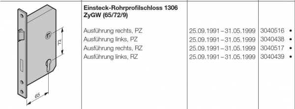 Hörmann Einsteck-Rohrprofilschloss 1306, ZyGW (65/72/9) rechts RZ Baureihe 30 (Privat Tor), 3040517