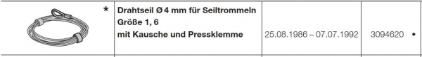 Hörmann Drahtseil, 4 mm, für die Seiltrommeln Größe 1, 6 mm, 3094620, 3045667