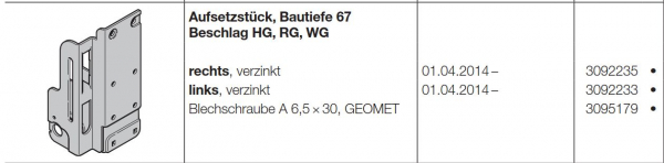 Hörmann Aufsetzstück-links-Bautiefe 67 Beschlag HG-RG-WG für Industrietore der Baureihe 50, 3092233