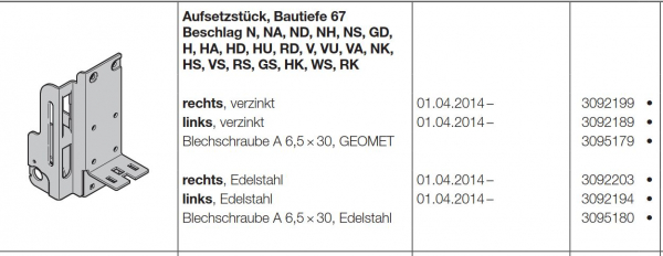 Hörmann Aufsetzstück links-Edelstahl-Bautiefe 67 Beschlag N-NA-ND-NH-NS-GD-H-HA-HD-HU-RD-V-VU-VA-NK-HS-VS-RS-GS-HK-WS-RK für Industrietore der Baureihe 50, 3092194