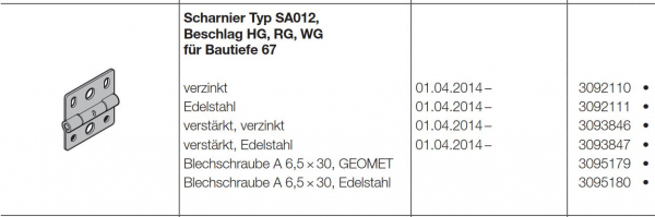 Hörmann Beschlagteile für Torglieder Scharnier Typ SA012 verstärkt verzinkt Beschlag HG-RG-WG für Bautiefe 67 für die Industrie-Baureihe 50, 3093846