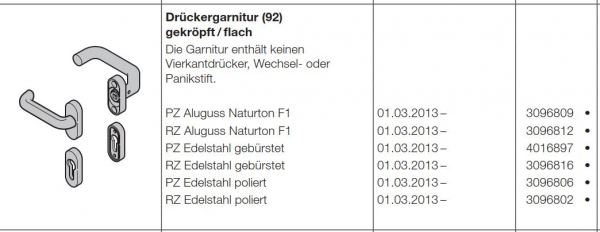 Hörmann Drückergarnitur (92) gekröpft-flach Aluguss Naturton F1 Baureihe 30-40-50-60, 3096812