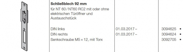 Hörmann Schließblech 92 mm DIN Links für NT 60-NT60 RC2 mit oder ohne elektrischen Türöffner und Austauschstück für die Industrietor-Baureihe 50, 3094625