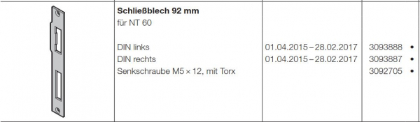 Hörmann Schließblech 92 mm DIN Links für NT 60 für die Industrietor-Baureihe 50, 3093888