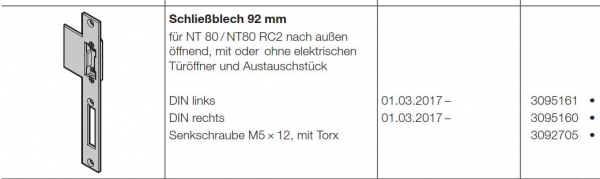 Hörmann Schließblech 92 mm DIN links für NT 80-NT80 RC2 nach außen öffnend mit oder ohne elektrischen Türöffner und Austauschstück für die Industrietor-Baureihe 50, 3095161