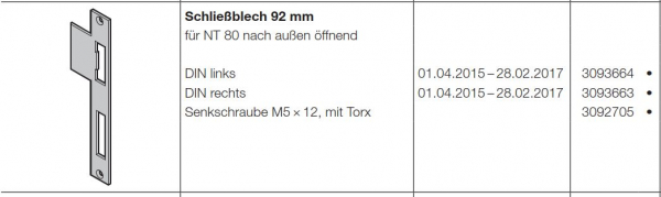 Hörmann Schließblech 92 mm DIN linksfür NT 80 nach außen öffnend für die Industrietor-Baureihe 50, 3093664