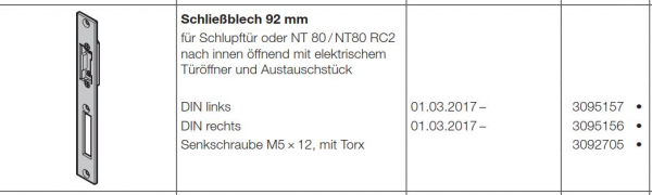 Hörmann Schließblech 92 mm DIN Rechts für Schlupftür oder NT 80-NT80 RC2 nach innen öffnend mit elektrischem  Türöffner und Austauschstück für die Industrietor-Baureihe 50, 3095156