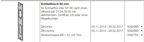 Hörmann Schließblech 92 mm für Schlupftür  oder NT 80 nach innen öffnend (ab 01.04.2015) DIN Links mit oder ohne Riegelkontak für die Industrietor-Baureihe 50, 3092681