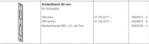 Hörmann Schließblech 92 mm für die Schlupftür DIN Links für die Industrietor-Baureihe 50, 3094614