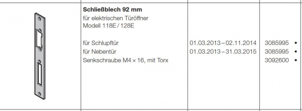 Hörmann Schließblech 92 mm für Nebentür für elektrischen Türöffner Modell 118E-128E für die Industrietor-Baureihe 50, 3085995