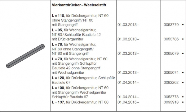 Hörmann Beschlagsteile für Türen der Baureihe 30-40-50 Vierkantdrücker–Wechselstift L=70 für Wechselgarnitur NT 60 mit Stangengriff Schlupftür Bautiefe 42 ohne Stangengriff mit Wechselgarnitur, 3065074