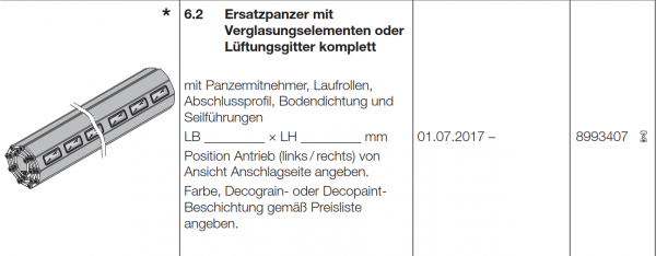 Hörmann Ersatzpanzer mit Verglasungselementen oder Lüftungsgitter komplettfür Garagen-Deckenlauftor - RollMatic OD, 8993407