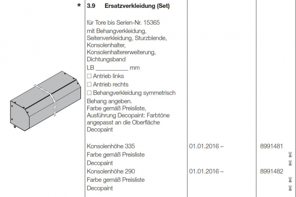 Hörmann Ersatzverkleidung (Set) Konsolenhöhe 290 mmAußen-Rolltor und Rollgitter RollMatic kraftbetätigt, 8991482