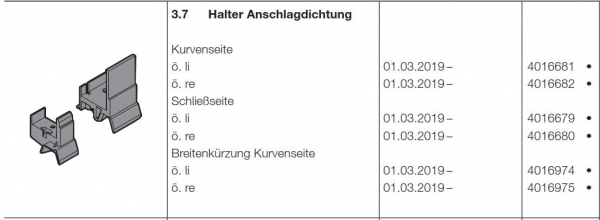 Hörmann Halter Anschlagdichtung, Breitenkürzung Kurvenseite, öffnet links, Seiten-Sektionaltor, 4016974