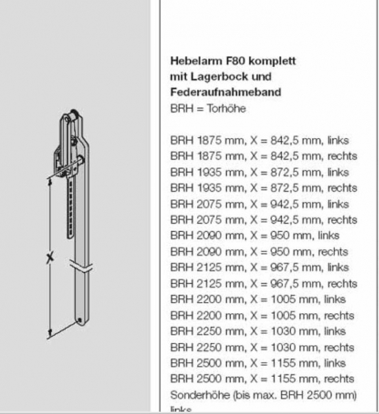 Hörmann Hebelarm F80 komplett für die Torhöhe 2090 mm von innen gesehen rechts, 1249546