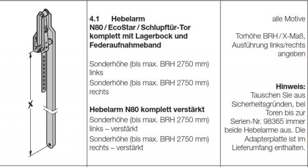 Hörmann Hebelarm N80 komplett für die Torhöhe 2075 mm von innen gesehen links, 1049503