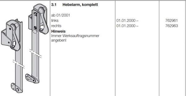 Hörmann Hebelarm, komplett links für Berry DF 95 / 98, 76261