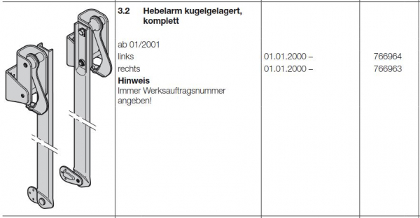 Hörmann Hebelarm kugelgelagert, komplett links für Berry DF 95 / 98