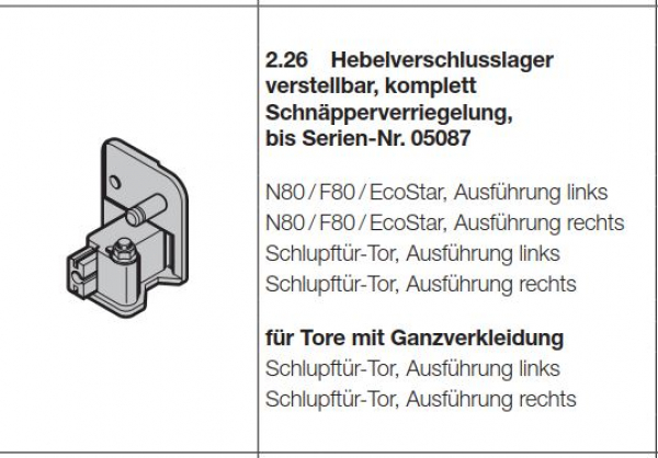 Hörmann Hebelverschlusslagerverstellbar, komplett  Schnäpperverriegelung, bis Serien-Nr. 05087 links, 1037013