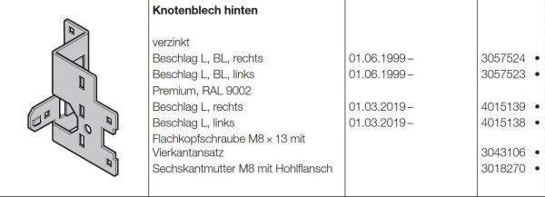 Hörmann Knotenblech hinten, Beschlag L, BL, rechts für Baureihe 40 LPU 67 Thermo, 3057524, 3047228