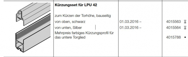 Hörmann Kürzungsset für LPU 42, Meterware, Mehrpreis farbiges, der Baureihe 40 (Privattor), 4015788