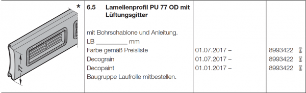 Hörmann Lamellenprofil PU 77 OD mit Lüftungsgitter,  Decopaint , für Garagen-Deckenlauftor - RollMatic OD, 8993422