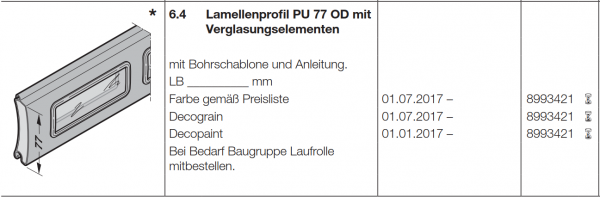 Hörmann Lamellenprofil PU 77 OD mit Verglasungselementen Farbe gemäß Preisliste für Garagen-Deckenlauftor - RollMatic OD, 8993421