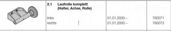 Hörmann Laufrolle komplett (Halter, Achse, Rolle) rechts für Berry DF 95, 98, 760073