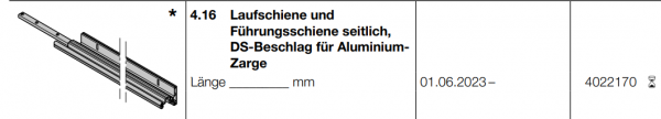 Hörmann Laufschiene und Führungsschiene seitlich, DS-Beschlag für AluminiumZarge, 4022170, (HST 42), Seiten-Sektionaltor, BR 30