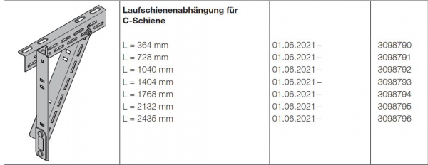 Hörmann Laufschienenabhängung für C-Schiene L = 1404 mm Baureihe 60, 3098793