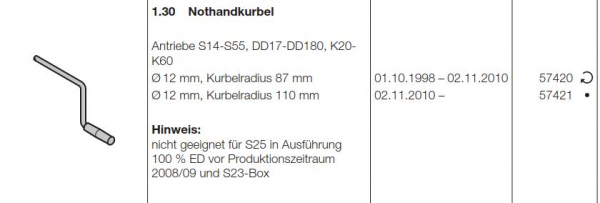 Hörmann Ersatzteile für Roll-und Rolltorantriebe:  Nothandkurbel Steckantriebe S14-S55, DD17-DD180,  K20-K60 Durchmesser 12 mm Kurbelradius 110 mm, 57420, 57421