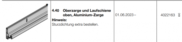 Hörmann Oberzarge und Laufschiene oben, Aluminium-Zarge, 4022163, Seiten-Sektionaltore, BR 30