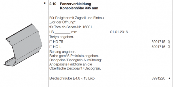 Hörmann Panzerverkleidung Konsolenhöhe 335 mm HG-L, 8991716