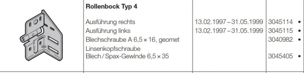 Hörmann Beschlagteile für Torglieder Beschlag N, BL, Z, BZ für Baureihe 30 und 40  RenoMatic, EcoStar, Rollenbock Typ 4, Ausführung rechts (von innen gesehen), 3045114