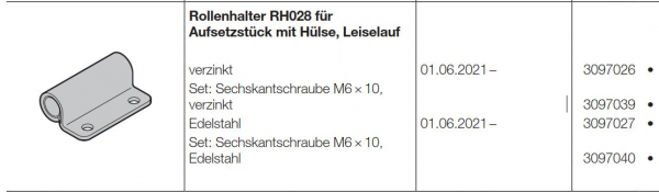 Hörmann Rollenhalter RH028 für Aufsetzstück mit Hülse, Leiselauf verzinkt BR 60, 3097026