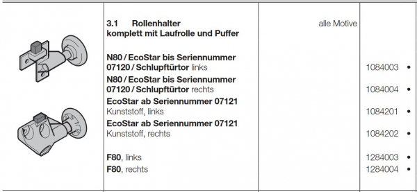 Hörmann Rollenhalter N80 komplett mit Laufrolle und Puffer links, 1084003, 1001116