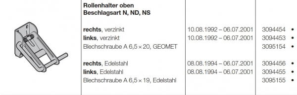 Hörmann Rollenhalter oben links KR003 Beschlagsart für Baureihe 30, 40 und Industrie-Baureihe 30, 40, 50, 3094453, 3040826