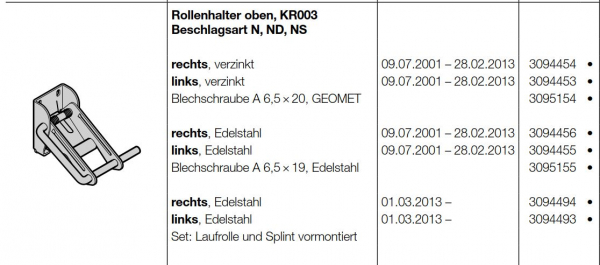 Hörmann Rollenhalter oben, KR003 Beschlagsart N, ND, NS rechts, verzinkt Baureihe 30,40, 50, 3040825, 3094454