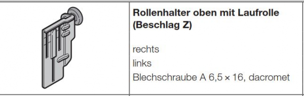 Hörmann Rollenhalter oben mit Laufrolle (Beschlag Z, BZ), Ausführung rechts (von innen gesehen) für Baureihe 40, EcoStar, 3047261