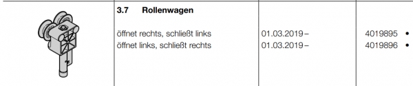 Hörmann Rollenwagen, 4019895, HST42, öffnet rechts / schließt links, Seiten-Sektionaltore BR 30