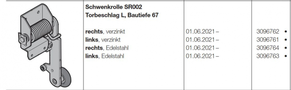 Hörmann Schwenkrolle SR002 Torbeschlag L, Bautiefe 67 rechts verzinkt BR 60, 3096762