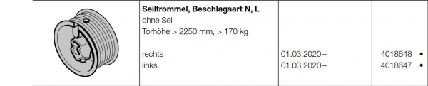 Hörmann Seiltrommel Beschlag N, L, rechts, ohne Seil für Baureihe 40, 4018648