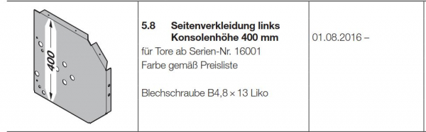 Hörmann Seitenverkleidung links Konsolenhöhe 400 mm HG 75 TD, 8991765